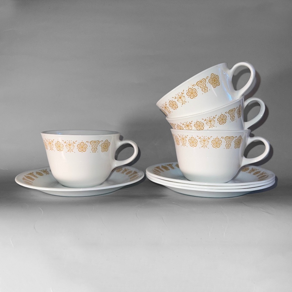4 "Woodland Brown Flower" Corelle Cups & Saucers